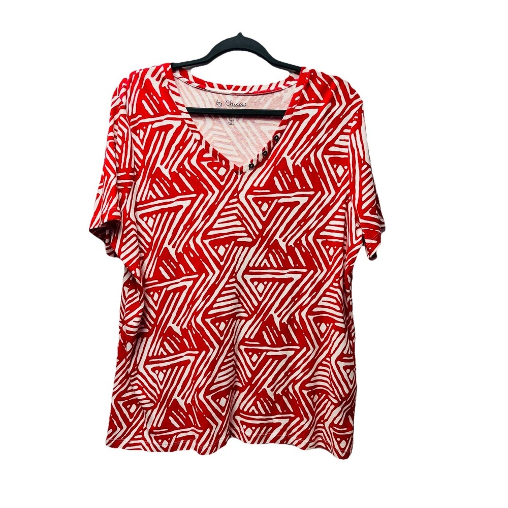 Chico's 3 (XL) Red White Geometric Tee Top Summer Beachy Tropical Resort